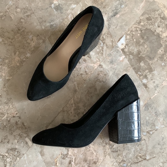 Nine West Black Pointed Toe Chunky Block Heel Pump - Picture 2 of 4